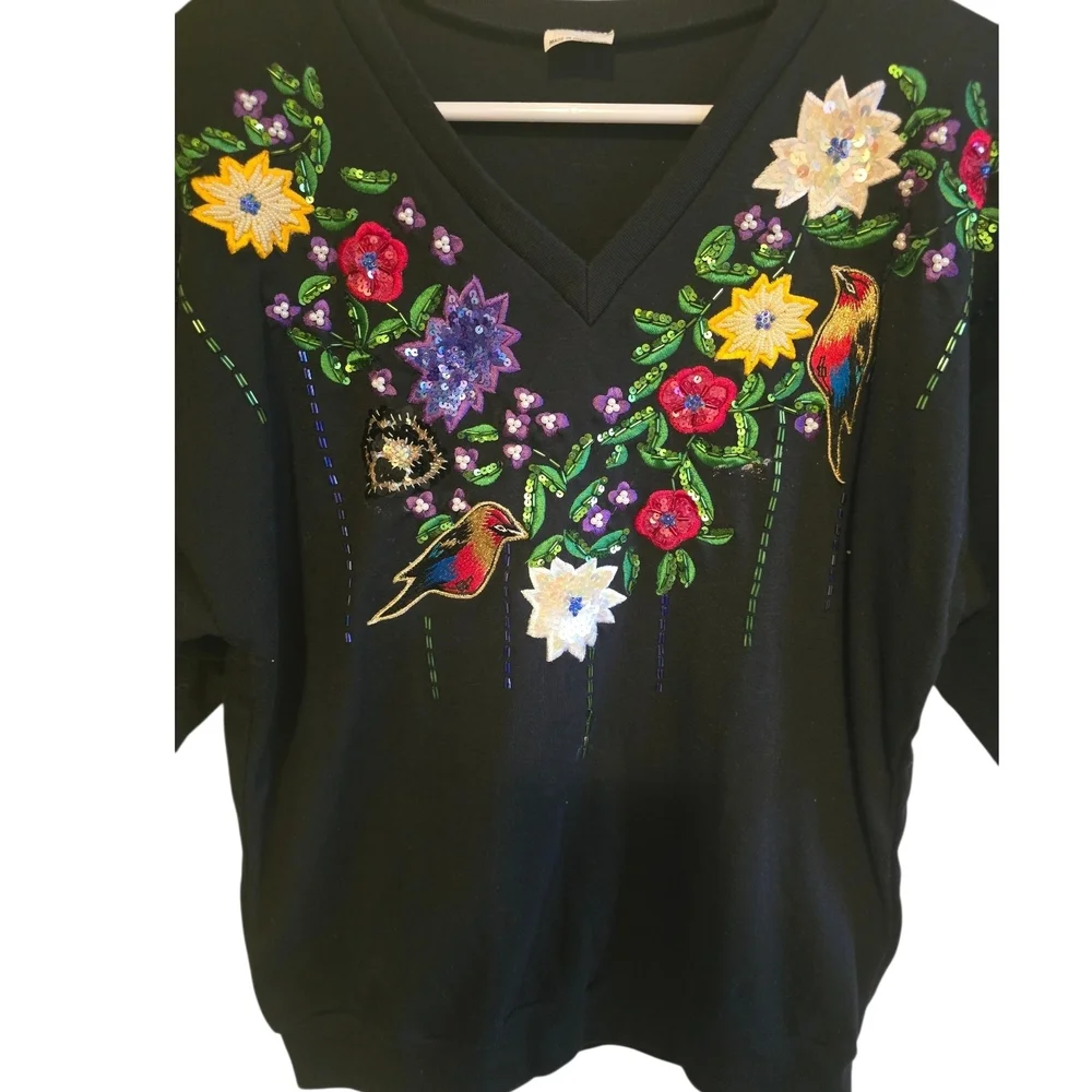 Embroidered Black V-Neck Floral & Bird Women's Top - Picture 2 of 4